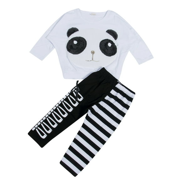 Fashion Boby Girsl Loose Panda Print Top Stripe Layered Pants Outfit Set Clothes Fashion Boby Girsl Loose Panda Print Top Stripe Layered Pants Outfit Set Clothes